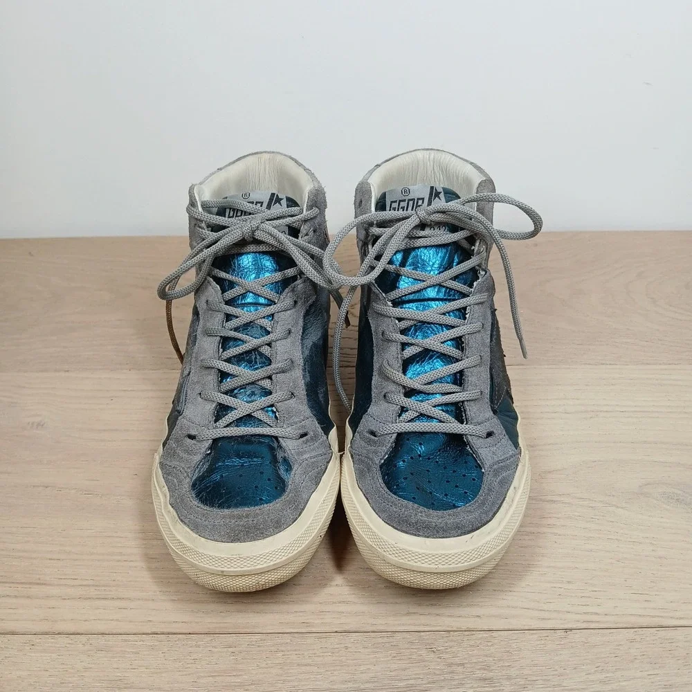 Golden Goose 2.12 Sneakers Womens 8 Metallic Blue Gray Suede High Top Glam Rock